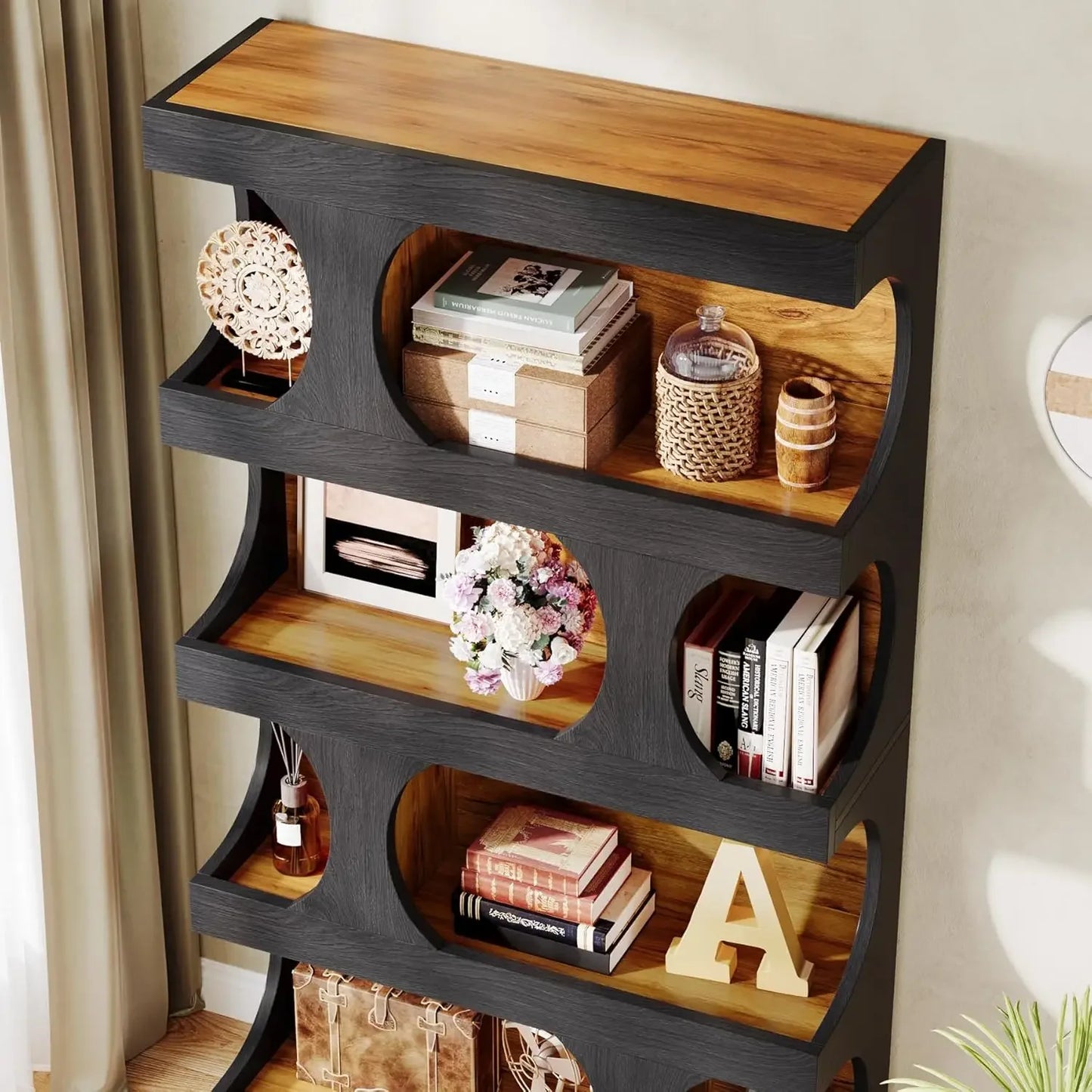 71" Tall 4-Tier S-Shaped Bookshelf Set of 2, Two-Tone Black & Brown Color Scheme, Baffled Shelves, Sturdy Raised Base