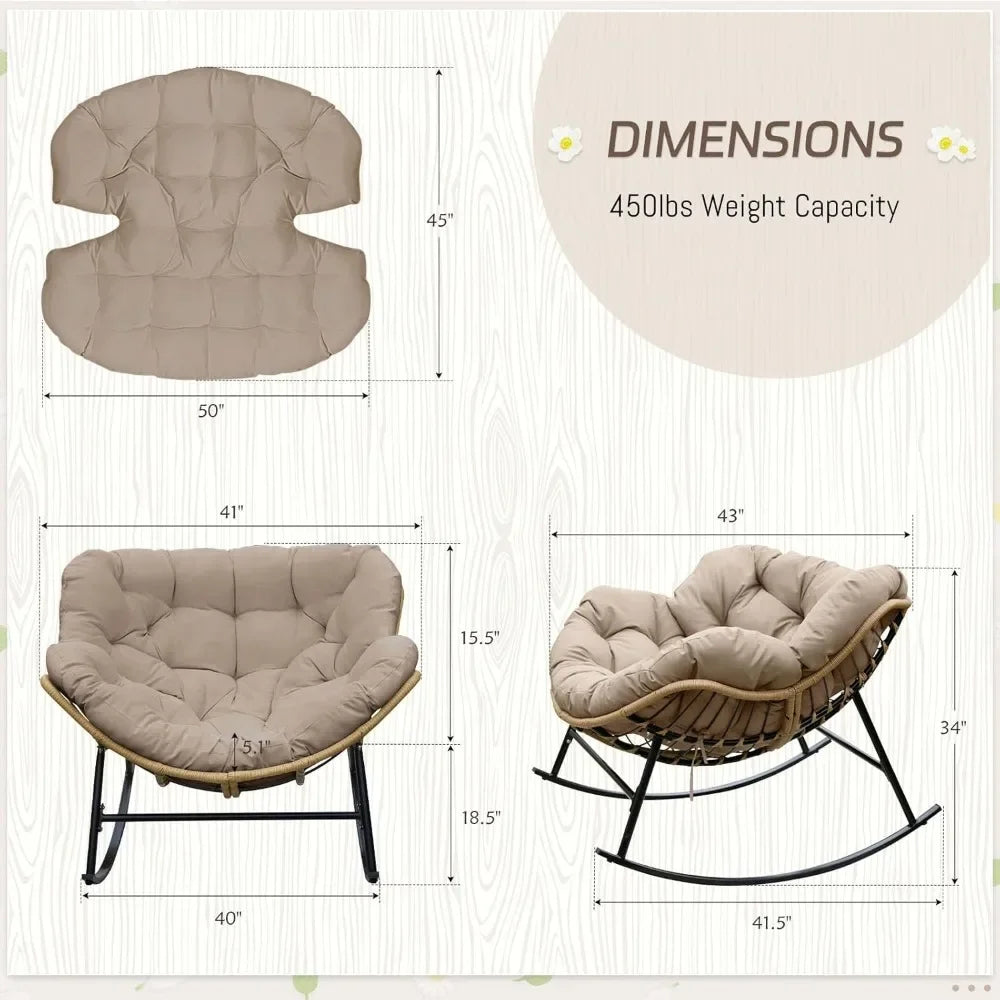 Oversized PE Rattan Rocking Lounge Chair with 18" Seat Depth & All Weather Fabric Padded Cushions