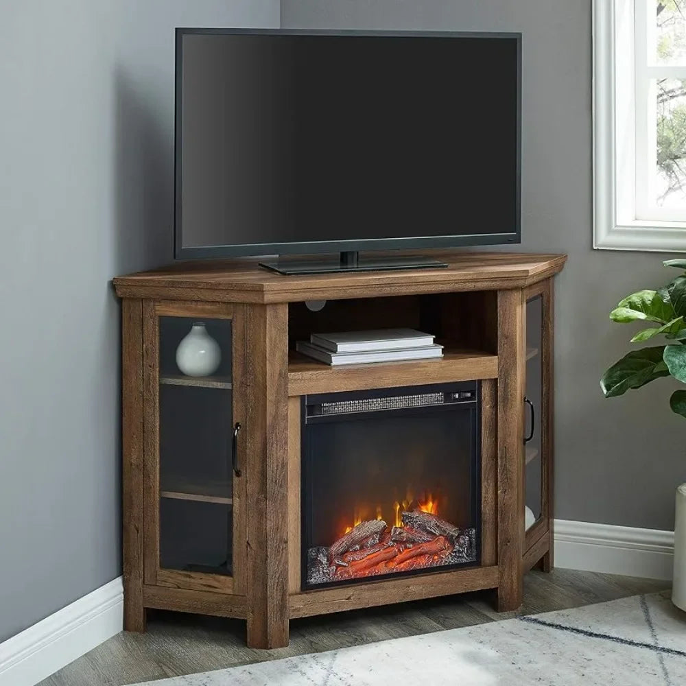 Corner TV Stand with Electric Fireplace & Glassdoor