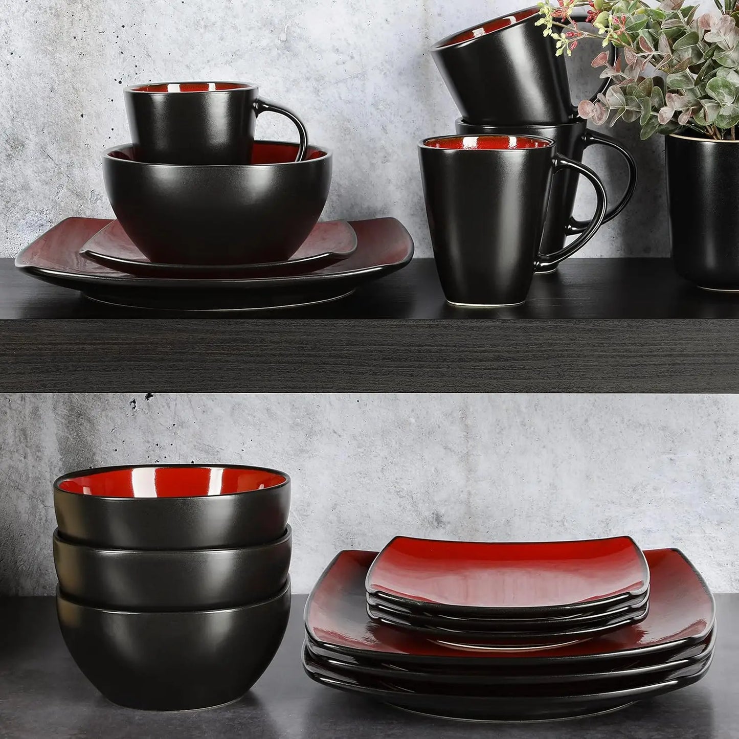 Dinnerware Set, Stoneware/Double Reactive Glaze Red & Black, 16pcs