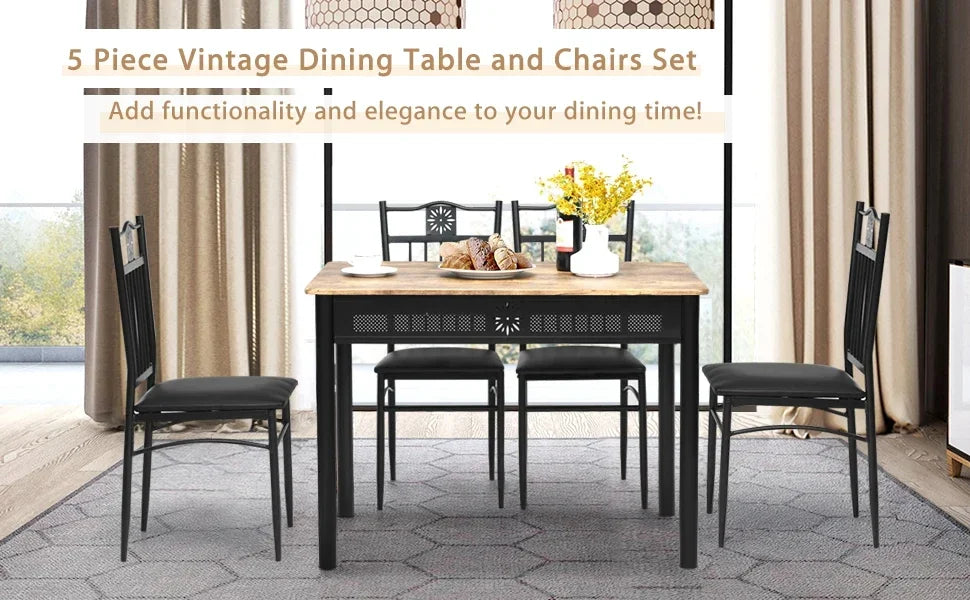 5-Piece Dining Table & Chair Set with Vintage Wood Finish Table Top, Metal Frame & Upholstered Seat Chairs