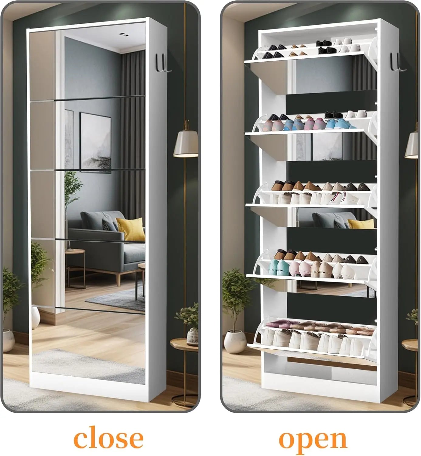 Slim Free Standing Tall Hidden Shoe Cabinet with 5 Flip Drawers & 5 Mirrors, Holds 30-40 Pairs of Shoes