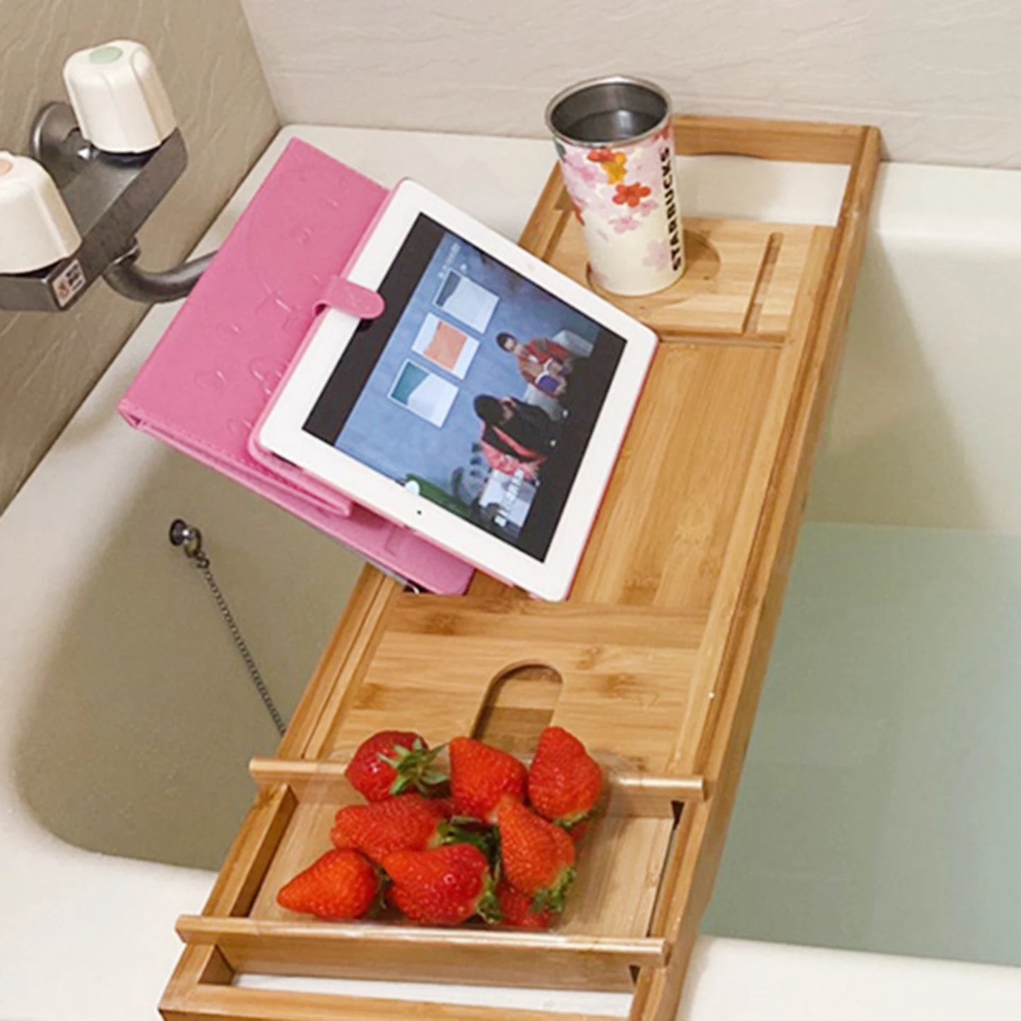 Bathtub Caddie Tray with Detachable Storage Box, Adjustable Length to Fit Tub, Bamboo Wood