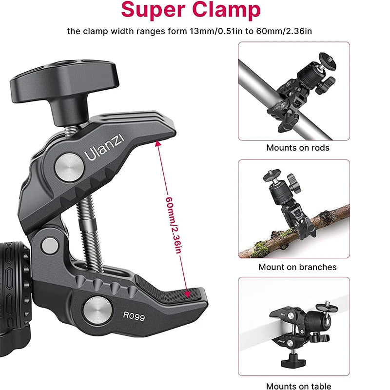 Quick Release Super Clamp with 360° Mini Ball-Head, 1/4" Stud Mount for Cameras, One-Piece Design & User Friendly