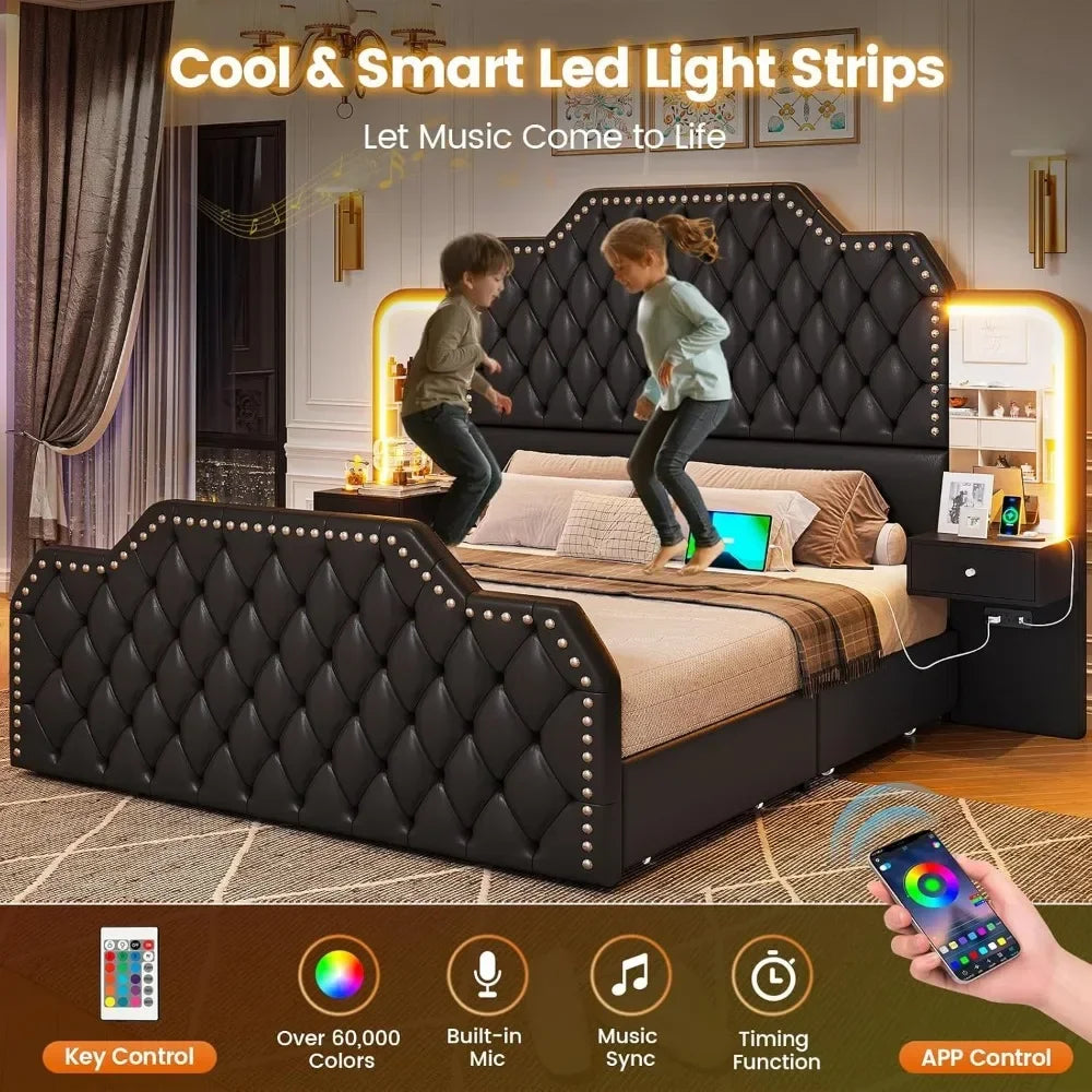 Queen Size 53” Tall Platform Bed Frame with 4 Under the Bed Storage Drawers, Built-in Charging Station, RGB LED Headboard Lights & 2 Mirrors