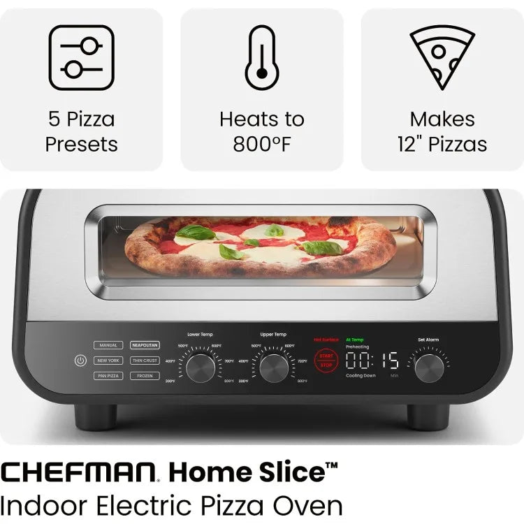 Countertop Electric Indoor Pizza Oven with Dual Heating Elements, 6 Presets, Pizza Stone & Pizza Peel, Heats up to 800°F, Makes 12" Pizzas in Minutes