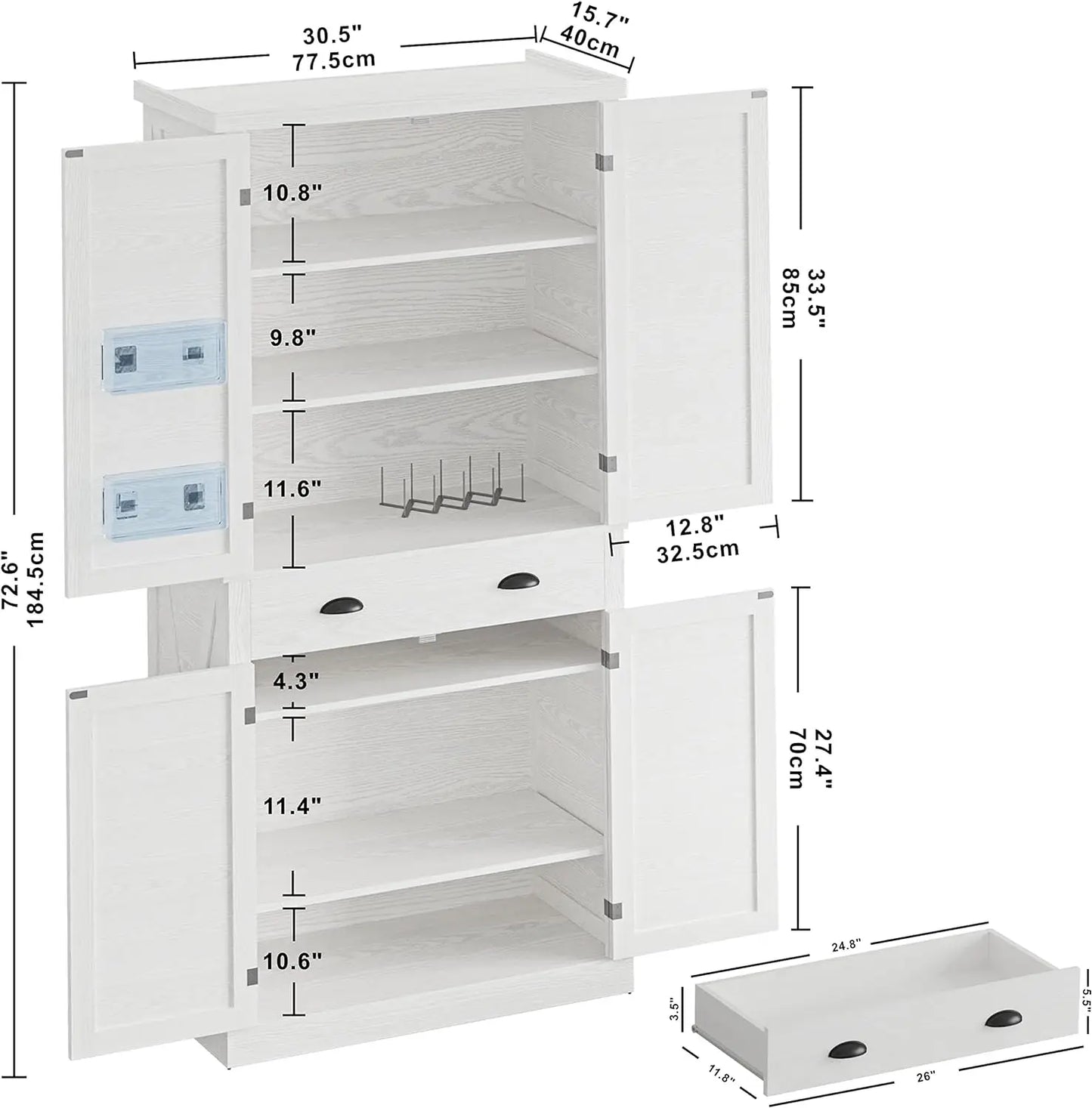 Kitchen Pantry Storage Cabinet 72", with Barn Style Doors, Drawer, 3 Adjustable Shelves, Freestanding Cupboard, White