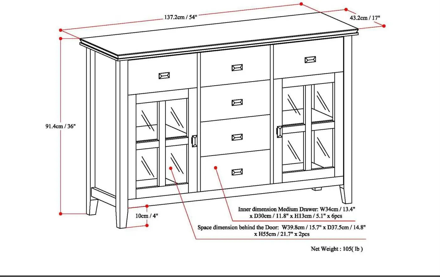 Artisan Solid Pine Wood 54" Transitional Sideboard Buffet, 6 Drawers, 2 Cabinets with Doors, Rectangular Antique Bronze Knobs & Square Legs