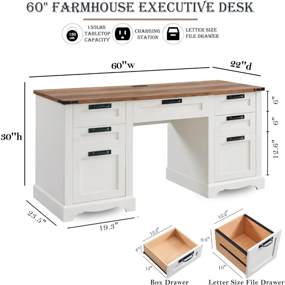 Farmhouse Executive 60" Desk with Charging Station, Drop-Front Keyboard Drawer, Letter-Size File Drawer, 3 Box drawers & Storage Cabinet