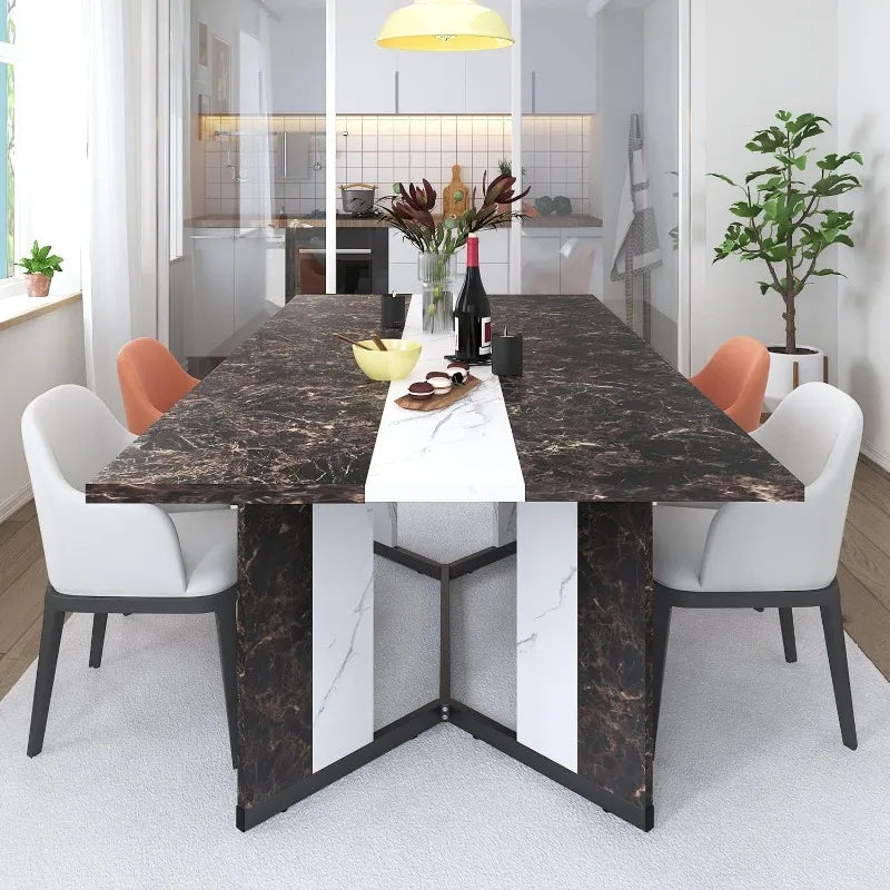 Rectangular 71" Dining Table for 4-8 People with Marble-Like Texture Tabletop, Adjustable V-Shaped Legs & Reinforced Crossbars for Stability