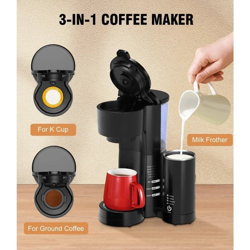 Coffee Maker Single Serve for K Cup & Ground Coffees with Milk Frother, 6 to 14 oz. Brew Sizes, Removable Water Reservoir & Removable Drip Tray