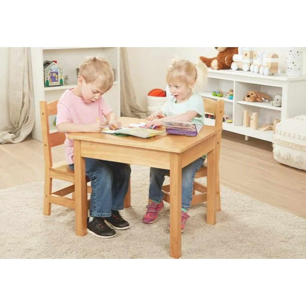 Solid Wood Table & 2 Chairs Set, High Quality Furniture for Kids 3-8 Years Old, Natural Wood Finish