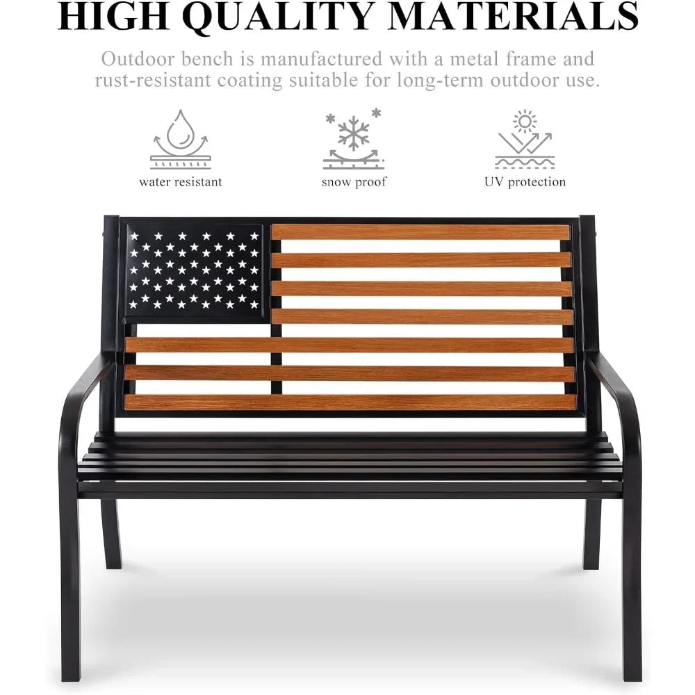 Cast Iron Frame 3 Seat Patio Bench with Stars-and-Stripes Pattern Backrest & Weatherproof Seat