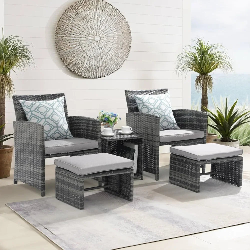 Patio Furniture 5 Piece Set, Wicker Outdoor Conversation Chair & Ottoman Set with Coffee Table, Pillows Included