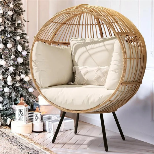 Indoor/Outdoor Wicker Egg Chair with Surround Support Cushions, Modern Round Basket Chair