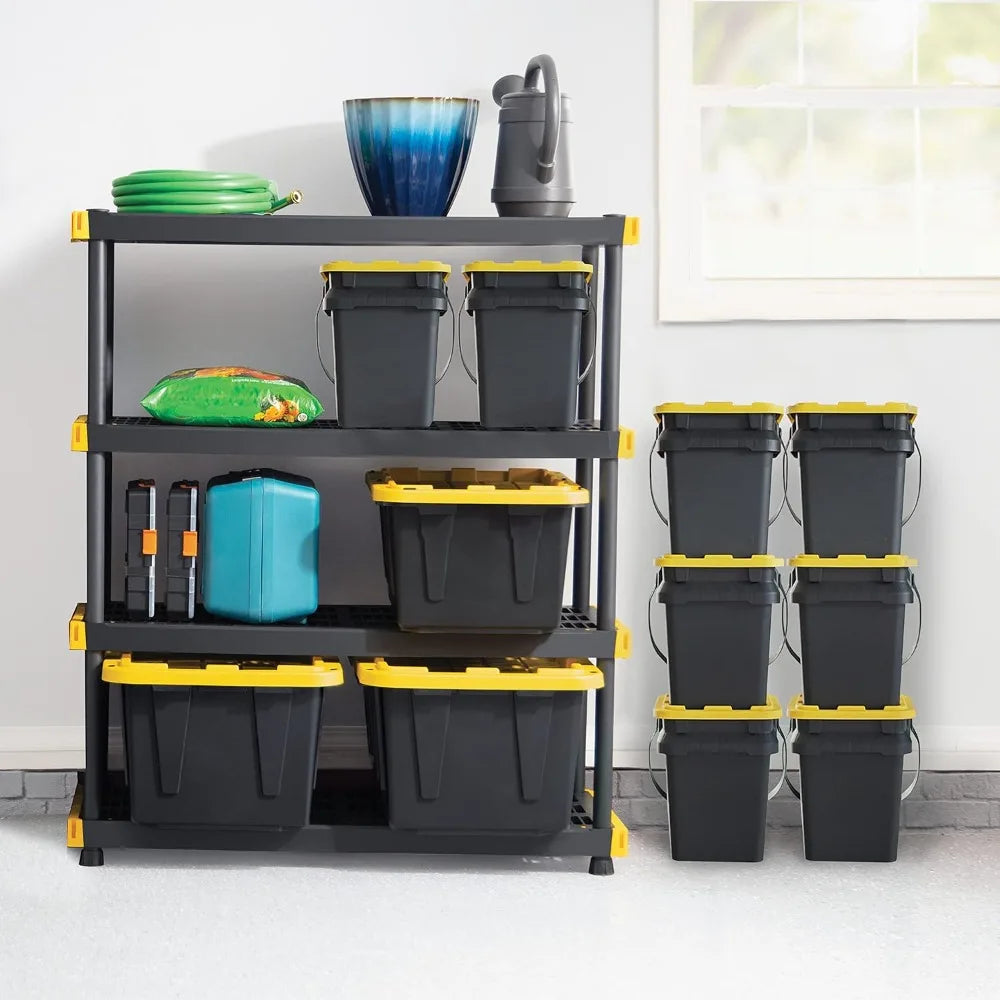 Black & Yellow® Shelving Unit & Heavy Duty Storage Containers, Extremely Durable®, Includes Shelf & 8 Pieces of 27 Gallon Containers