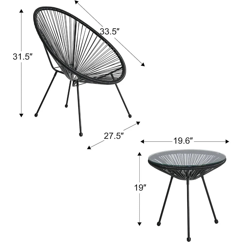 Modern Acapulco Lounge Chairs, 3-Piece Set, Made with Weather-Resistant & High-Resilient PE Chords, Glass Table Top