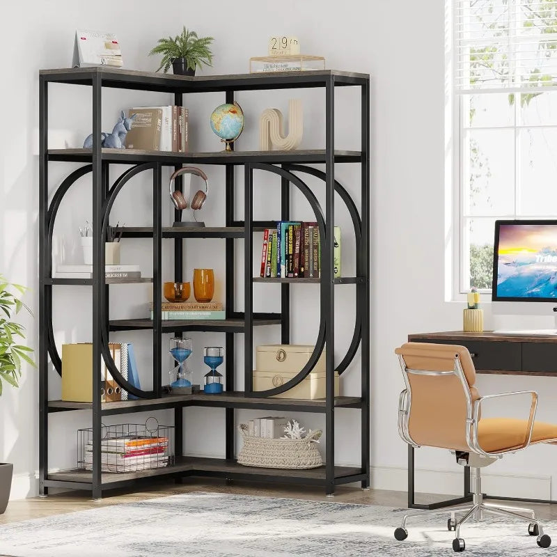 Large Corner Display Case with Tall L-Shaped Metal Frame, 7-Shelves & Plenty of Room for Display & Storage