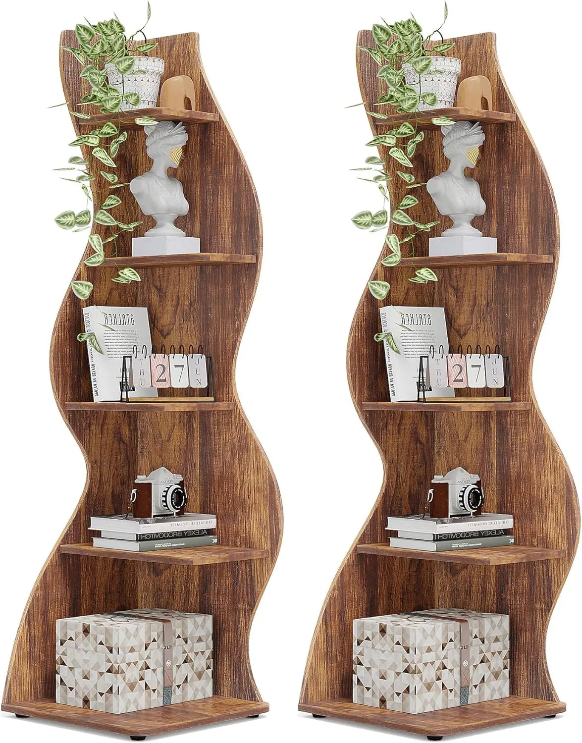 Rustic 5-Tier Wall Corner Shelf with Adjustable Shelves, Ample Storage Space without Using Much Floor Space, 2 Pieces