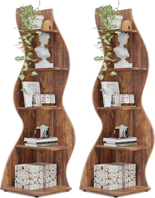 Rustic 5-Tier Wall Corner Shelf with Adjustable Shelves, Ample Storage Space without Using Much Floor Space, 2 Pieces