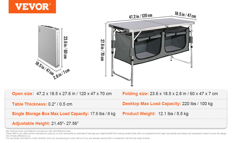 Adjustable Height Aluminum Camping Table with Zippered Storage Compartments, Folds in Half & Carry Handle for Travel