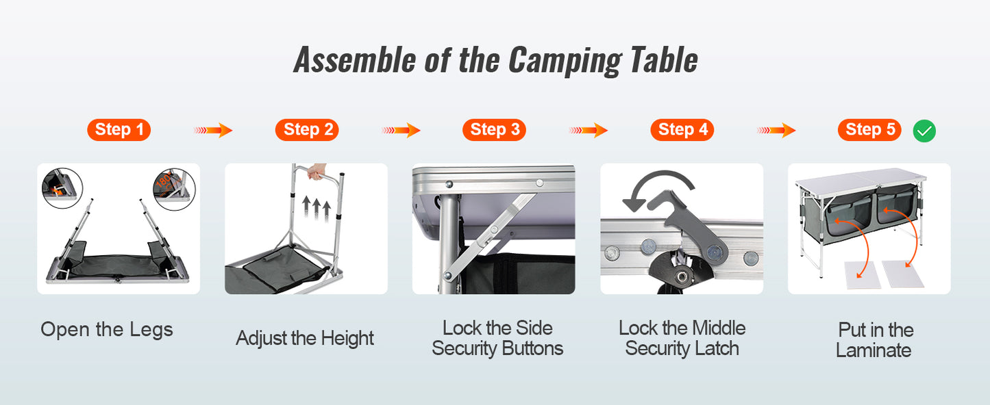 Adjustable Height Aluminum Camping Table with Zippered Storage Compartments, Folds in Half & Carry Handle for Travel