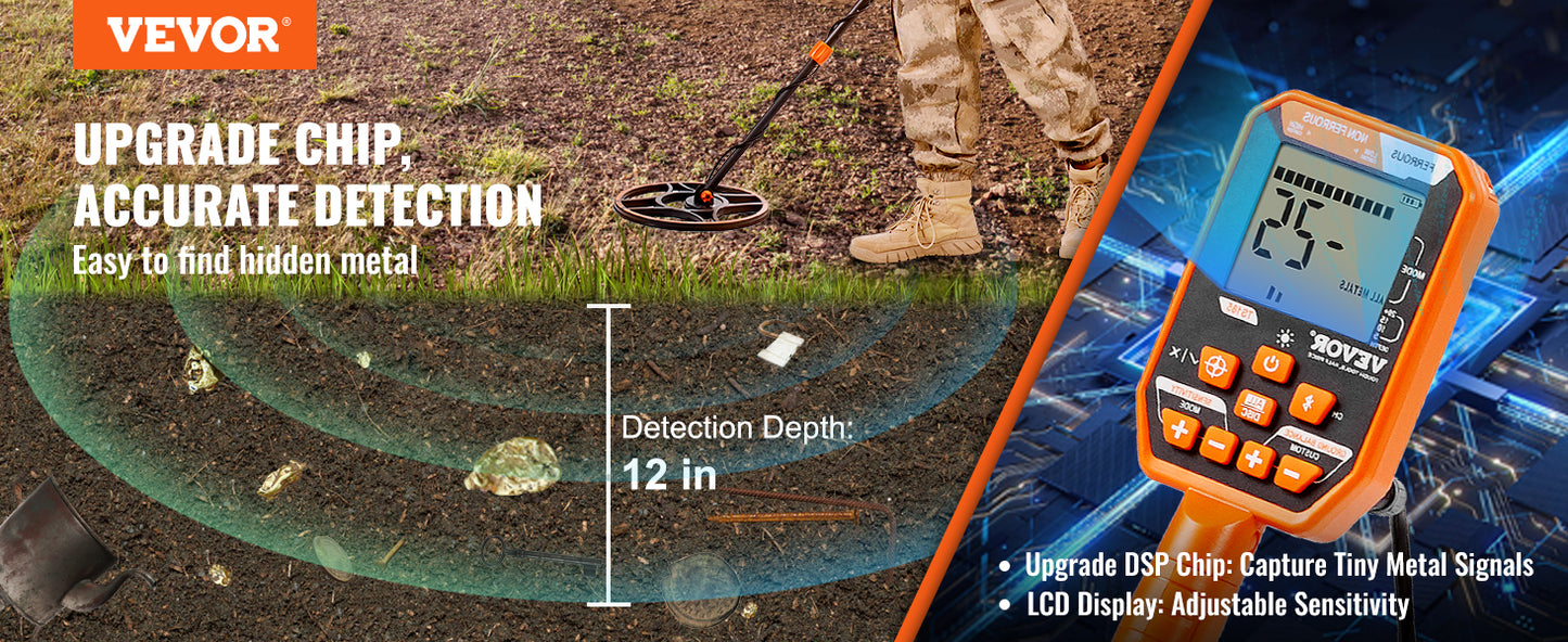 Rechargeable Metal Detector (12" Detection Depth) with IP68 Waterproof Coil, 39"-50" Adjustable Handle & LCD 7 Modes